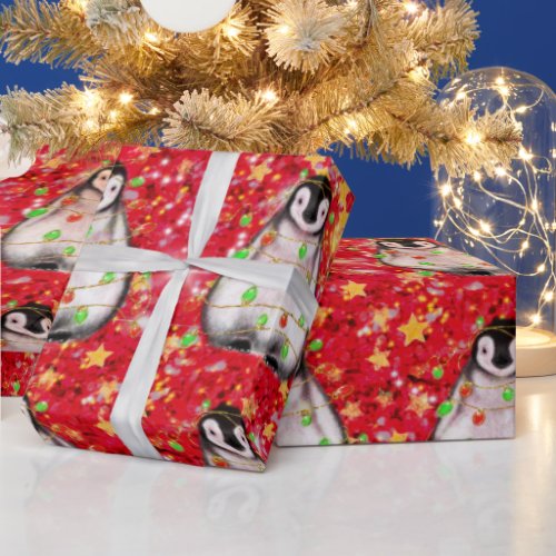 Holiday Penguin _ twinkle red and green lights  Wrapping Paper