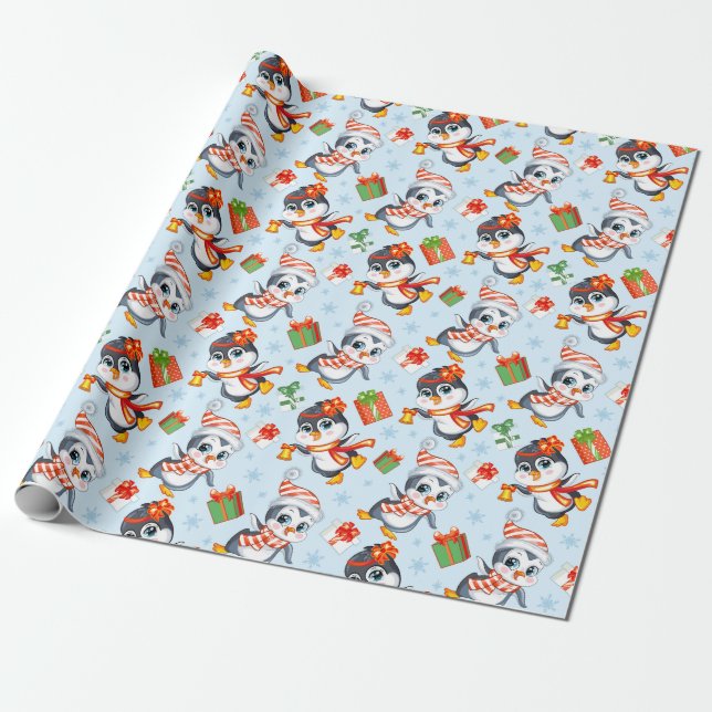 Holiday Penguins Wrapping Paper (Unrolled)