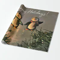 Happy Holidays Pinguin White Rose Gold Black Wrapping Paper, Zazzle