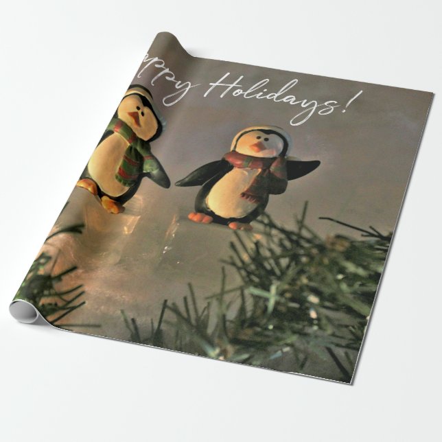 Holiday Penguins Wrapping Paper (Unrolled)