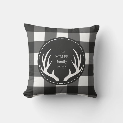 Holiday Personalized Black White Plaid Antler  Throw Pillow