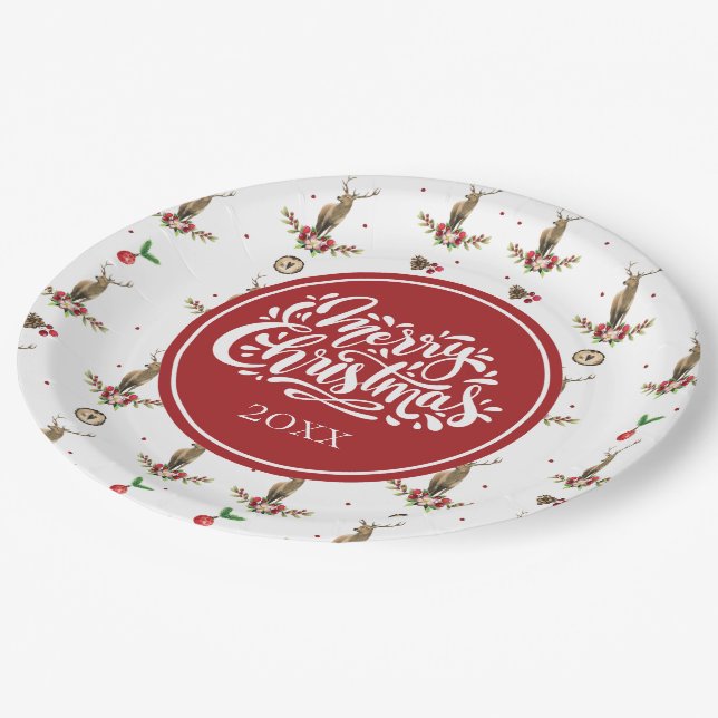 Holiday Personalized Winter Deer Pattern Paper Plates (Angled)