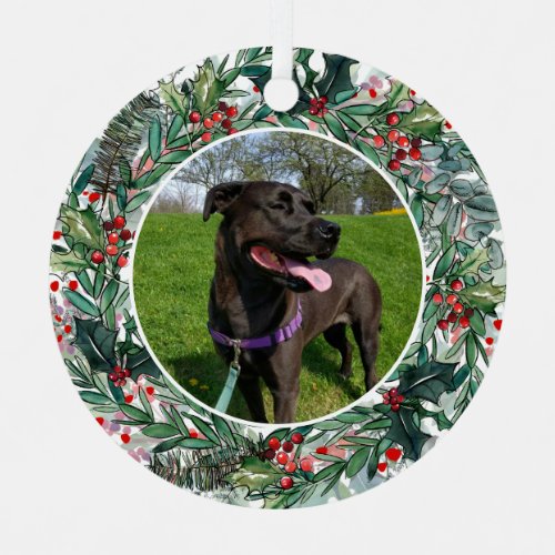 Holiday Pet Festive Wreath Photo Custom Metal Ornament