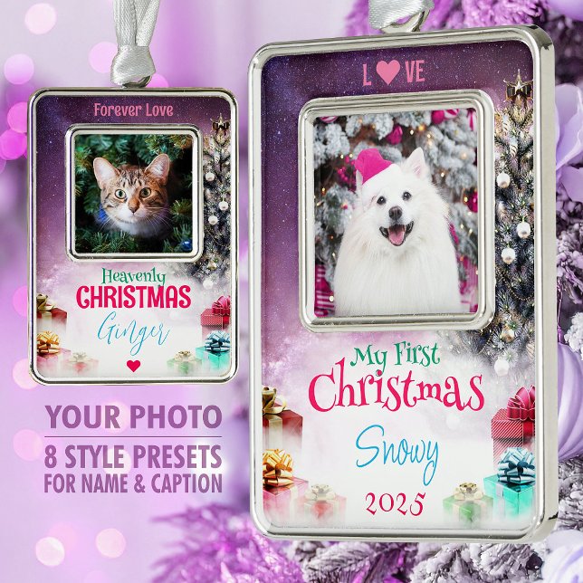 Holiday Pet Photo Keepsake, Tree & Gifts, Purple - Christmas Ornament (Creator Uploaded)