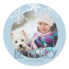 Holiday Photo Be Merry Christmas Blue Snowflakes