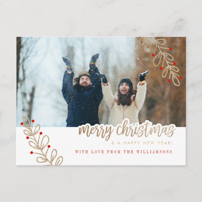 Holiday Photo Card | Red Berries & Gold Glitter (Front)