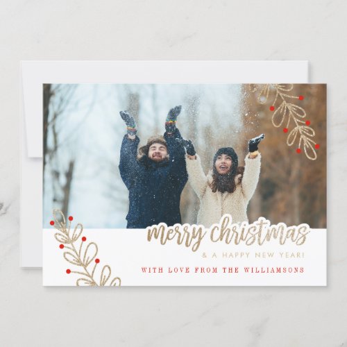 Holiday Photo Card  Red Berries  Gold Glitter