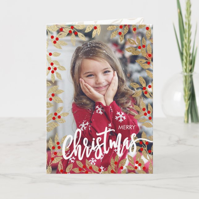 Holiday Photo Christmas Card Mistletoe Gold Red (Front)