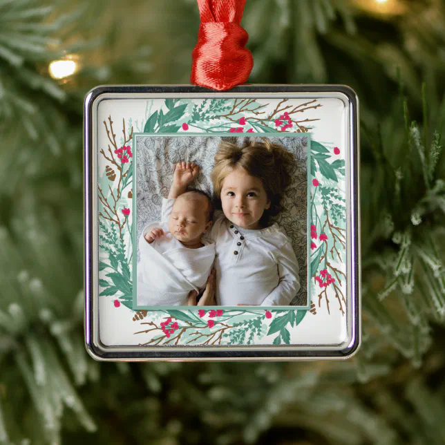 HOLIDAY PHOTO | Christmas Floral Wreath Metal Ornament | Zazzle