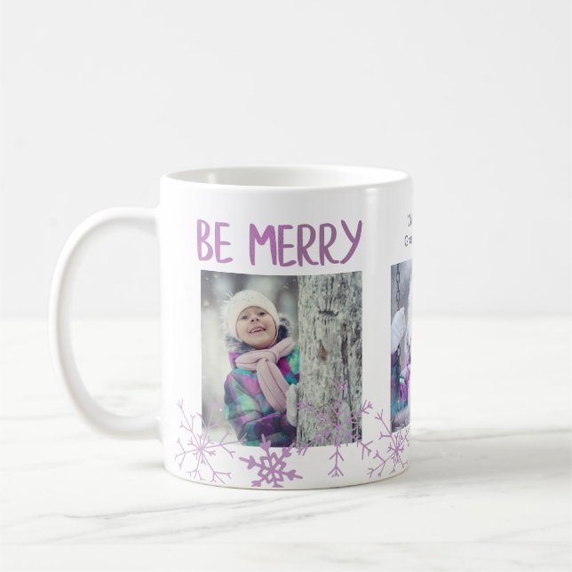 Holiday Photo Collage Be Merry Snowflakes Custom Coffee Mug (Left)