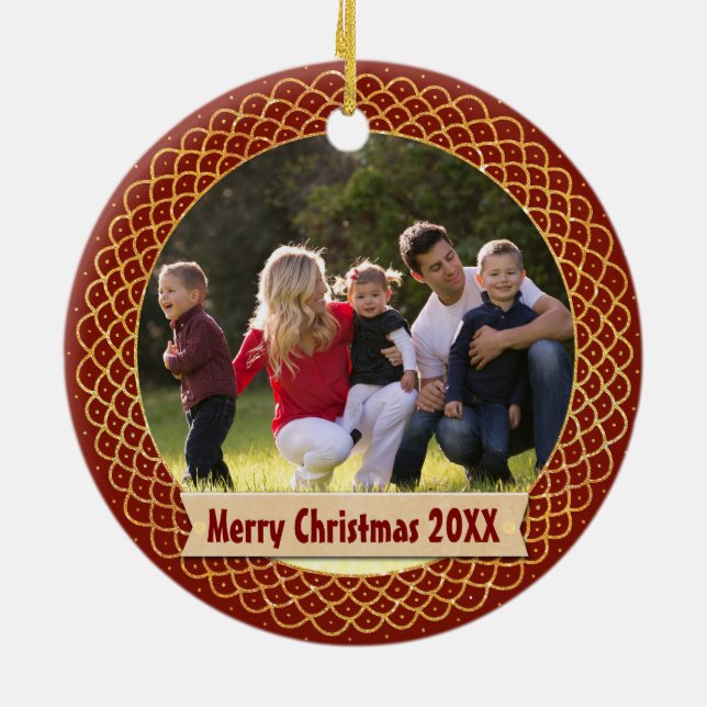 Holiday Photo Frame | Editable Text Red and Gold Ceramic Ornament (Back)