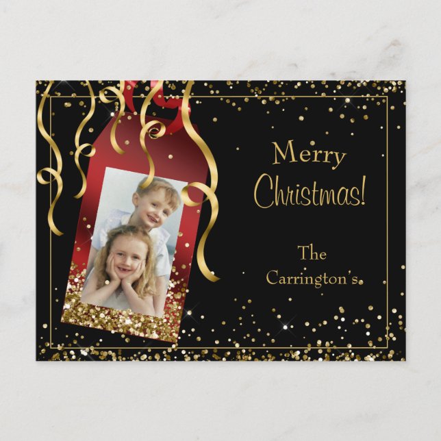 Holiday Photo Gold Glitter Script Christmas Postcard (Front)
