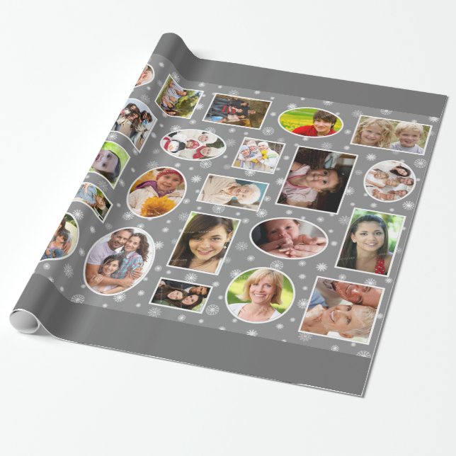 Holiday Photo Gray Snowflakes Wrapping Paper (Unrolled)
