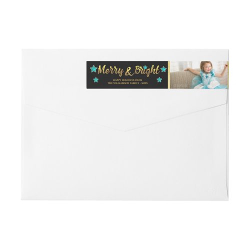 Holiday Photo Merry and Bright Faux Gold Foil Wrap Around Label - Holiday photo wraparound labels Merry & Bright faux gold foil and fake bling jewels turquoise blue stars.  Glamorous, Christmas greetings add your own photograph with elegant aqua color gemstones stars printed images stars and Merry & Bright fixed text in a cool, trendy handwritten font with pretty fake gold foil effect on a black background.  Gold borders either side of your favorite family photo and personalizable golden text on classy black.  Chic, fancy, stylish festive Xmas holiday photo labels.  Beautiful, stunning, modern, contemporary, fashionable, sophisticated, original and unique, custom photo templates for your holiday greetings.  If you need any assistance customizing your product please contact me through my store and I will be happy to help. PLEASE NOTE: This is a printed image - NOT real gold foil or gems. Placeholder photograph courtesy of Photography © Storytree Studios, Stanford, CA  



  


com. 
  



