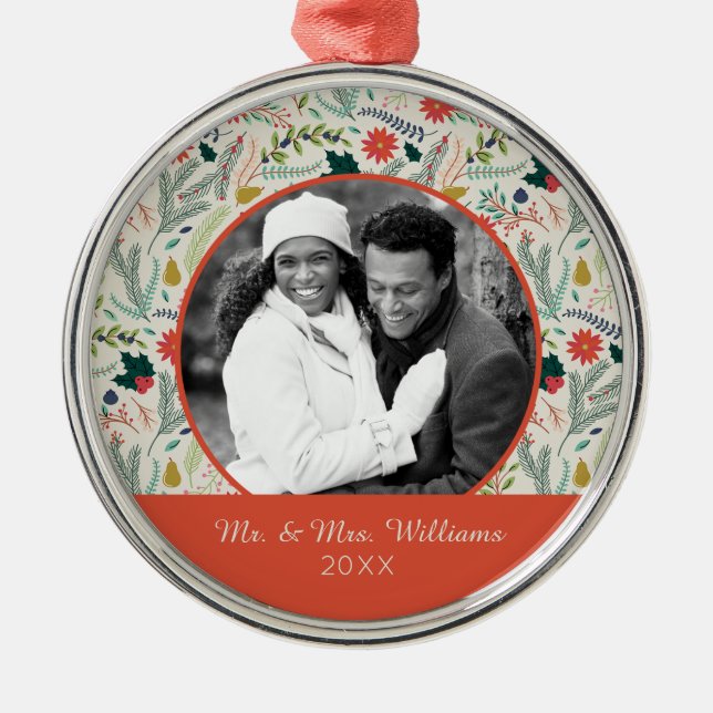 Holiday Photo | Merry Christmas Holiday Floral Metal Ornament (Front)