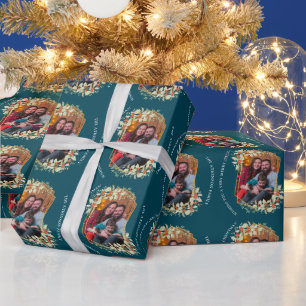 Holiday Photo Mistletoe Gold Frame Personalized Wrapping Paper