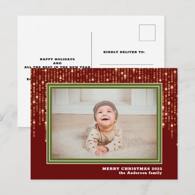 Holiday Photo | Red and Green Glitter Postcard (Front/Back)