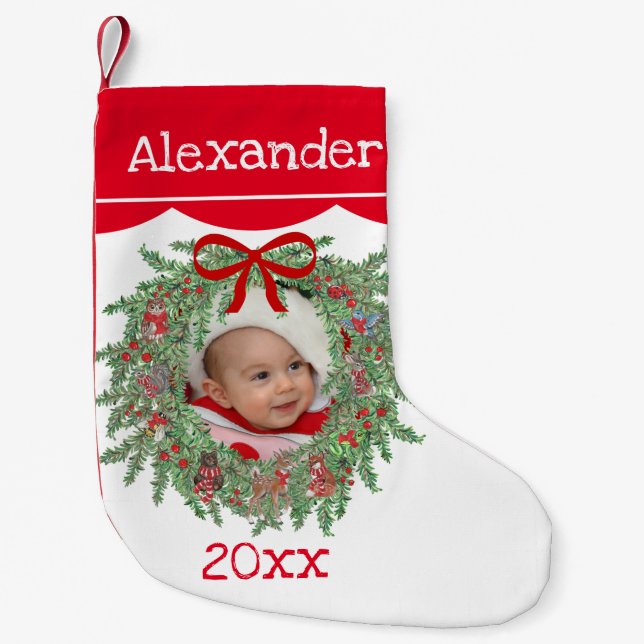 Holiday Photo Stocking Wreath Woodland Date (Front)