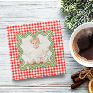 Holiday Photo Wavy Green Border Gingham Christmas Glass Coaster