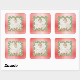 Holiday Photo Wavy Green Border Gingham Christmas Square Sticker