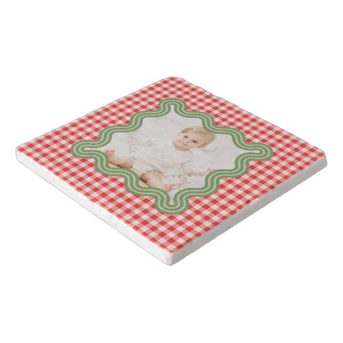 Holiday Photo Wavy Green Border Gingham Christmas Trivet