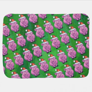 Holiday Pig in Santa Hat Pattern on Green Baby Blanket