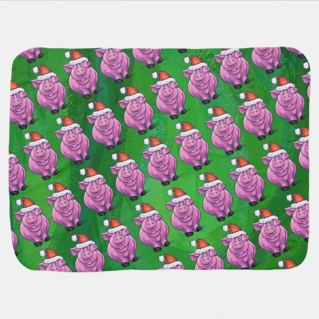 Holiday Pig in Santa Hat Pattern on Green Baby Blanket (Horizontal)