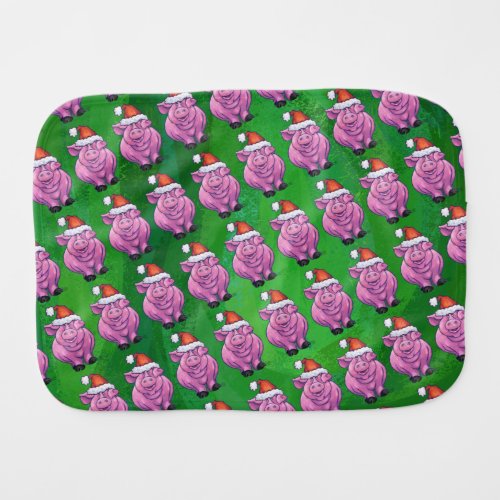 Holiday Pig in Santa Hat Pattern on Green Baby Burp Cloth