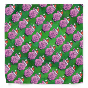 Holiday Pig in Santa Hat Pattern on Green Bandana