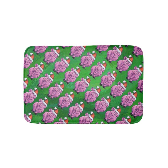 Holiday Pig in Santa Hat Pattern on Green Bathroom Mat (Front)