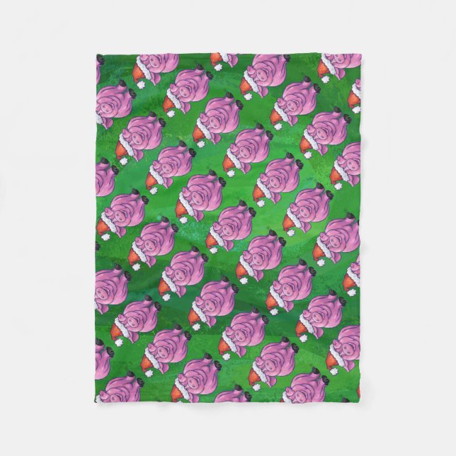 Holiday Pig in Santa Hat Pattern on Green Fleece Blanket (Front)