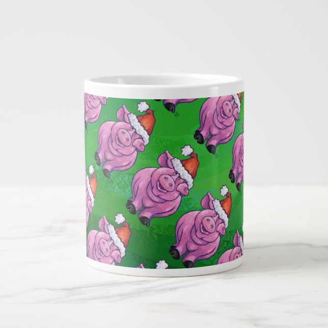 Holiday Pig in Santa Hat Pattern on Green Large Coffee Mug (Front)
