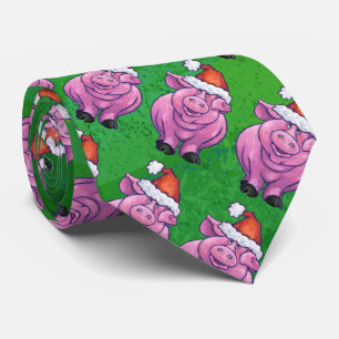 Holiday Pig in Santa Hat Pattern on Green Neck Tie