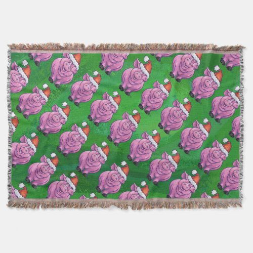 Holiday Pig in Santa Hat Pattern on Green Throw Blanket