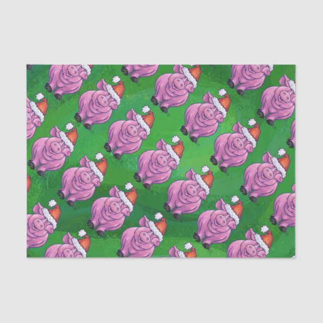 Holiday Pig in Santa Hat Pattern on Green Tissue Paper (Front)