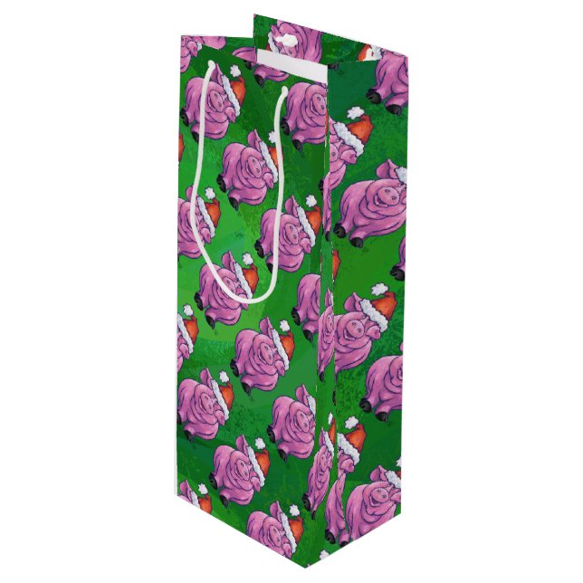 Holiday Pig in Santa Hat Pattern on Green Wine Gift Bag (Front Angled)