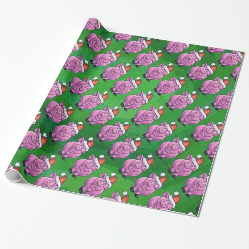 Holiday Pig in Santa Hat Pattern on Green Wrapping Paper