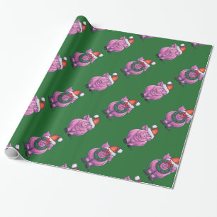 Holiday Pig in Santa Hat Pattern on Green Wrapping Paper