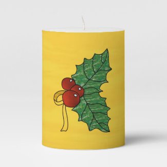Holiday Pillar Candle Gold & Holly Berries