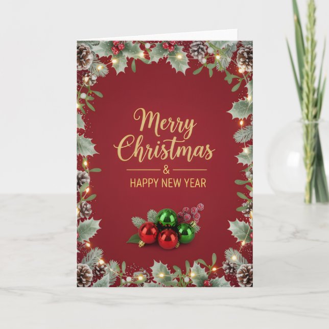 Holiday Pine and Berry Christmas Greeting Card (Front)