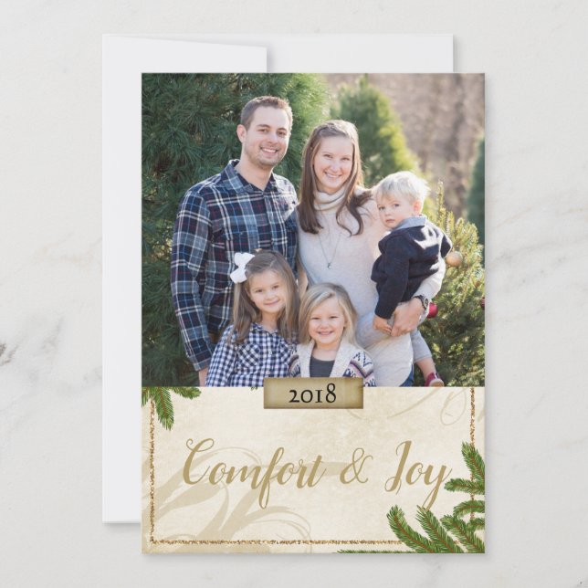 Holiday Pine Boughs Comfort and Joy Photo Greeting Card (Front)