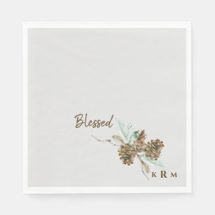 Holiday Pine Cone Foliage Blessed Monogram Napkins