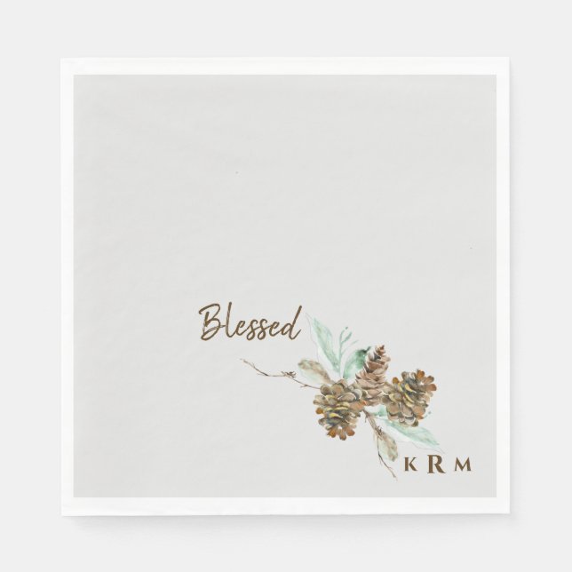 Holiday Pine Cone Foliage Blessed Monogram Napkins (Front)