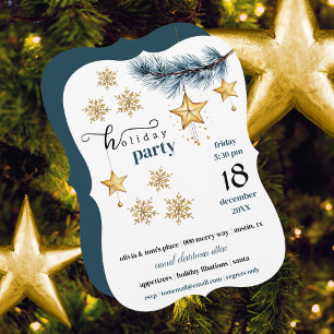 Holiday Pine Gold Snowflakes and Stars Party Invitation