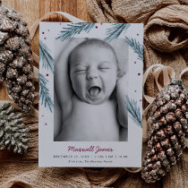 Holiday Pine Leaves and Berries Multi Photo Birth Announcement