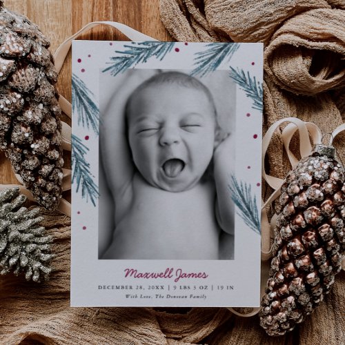 Holiday Pine Leaves and Berries Multi Photo Birth Announcement