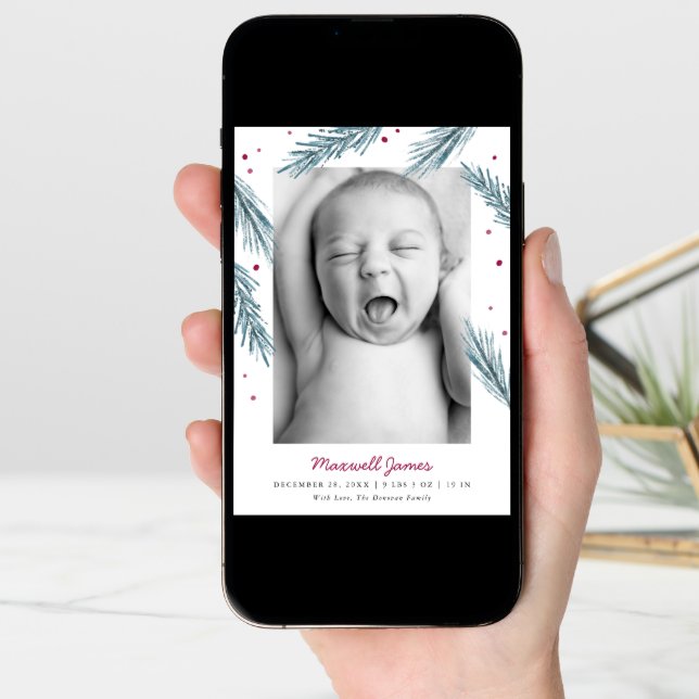 Holiday Pine Leaves and Berries Multi Photo Birth Announcement (Front Digital)