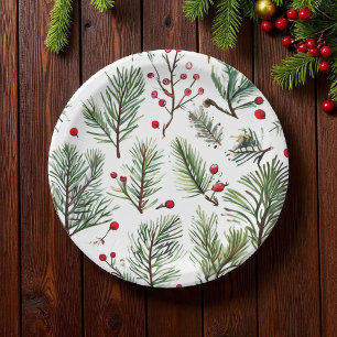 Holiday Pine & Red Berries Woodland Design Paper Plates