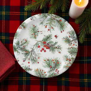 Holiday Pine & Red Berries Woodland Design Paper Plates