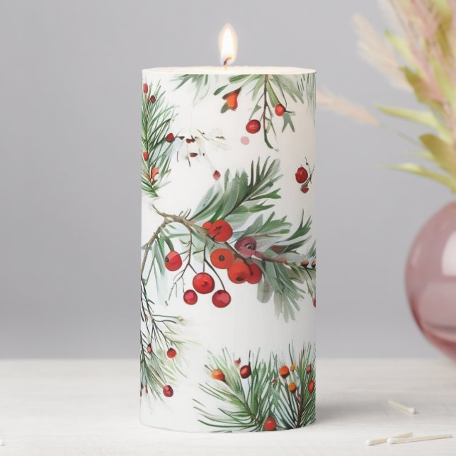 Holiday Pine & Red Berries Woodland Design Pillar Candle (In Situ)